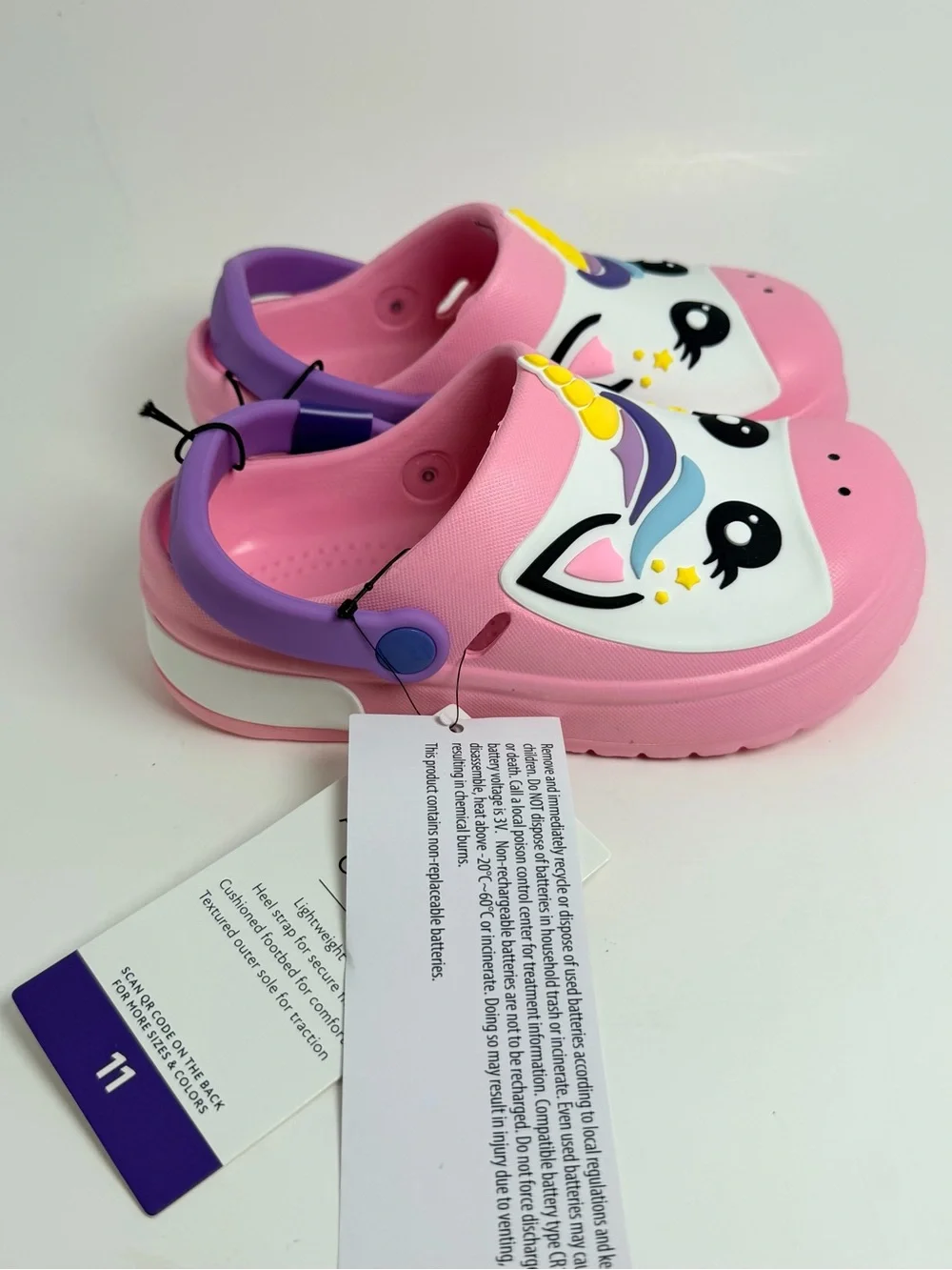 Kids Unicorn Clog Sandals in Pink with Purple Strap lights up